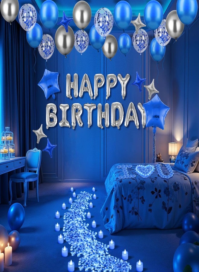 Woosytoo زينة بالونات عيد ميلاد سعيد باللون الأزرق، بالونات عيد ميلاد باللون الأزرق الملكي والفضي، لافتة حروف، 6 بالونات على شكل نجمة، بتلات ورد صناعية زرقاء، 24 شمعة LED بدون لهب، مثالية لغرفة النوم أو الفندق أو حفلة عيد ميلاد. - Image 4